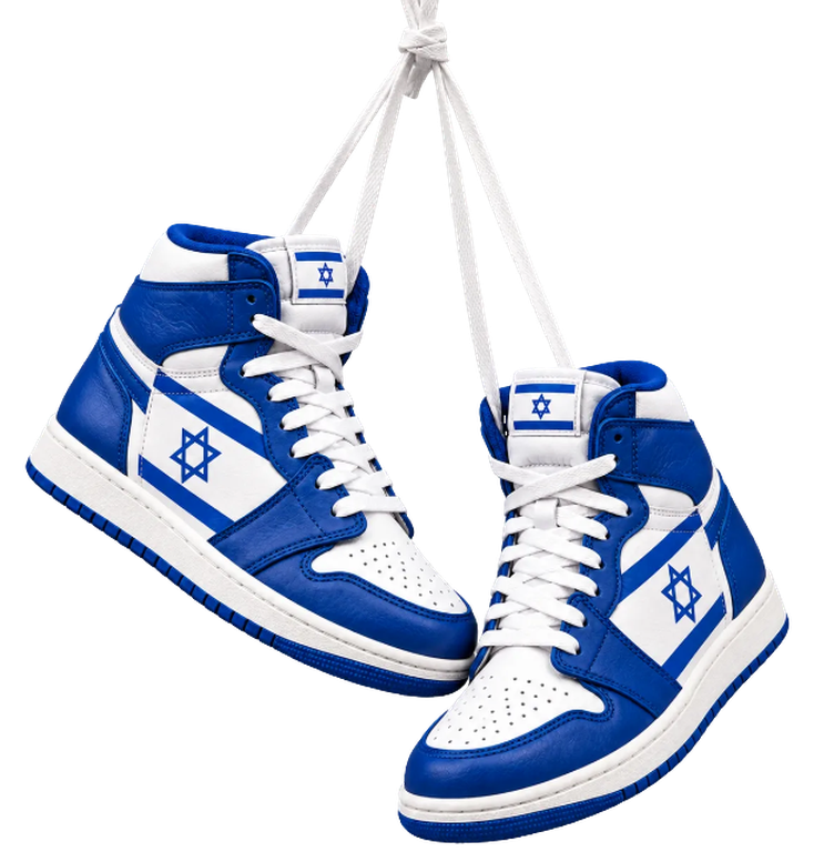 A pair of blue-and-white Shalom Air high-top sneakers with small flags, hanging by their knotted white laces