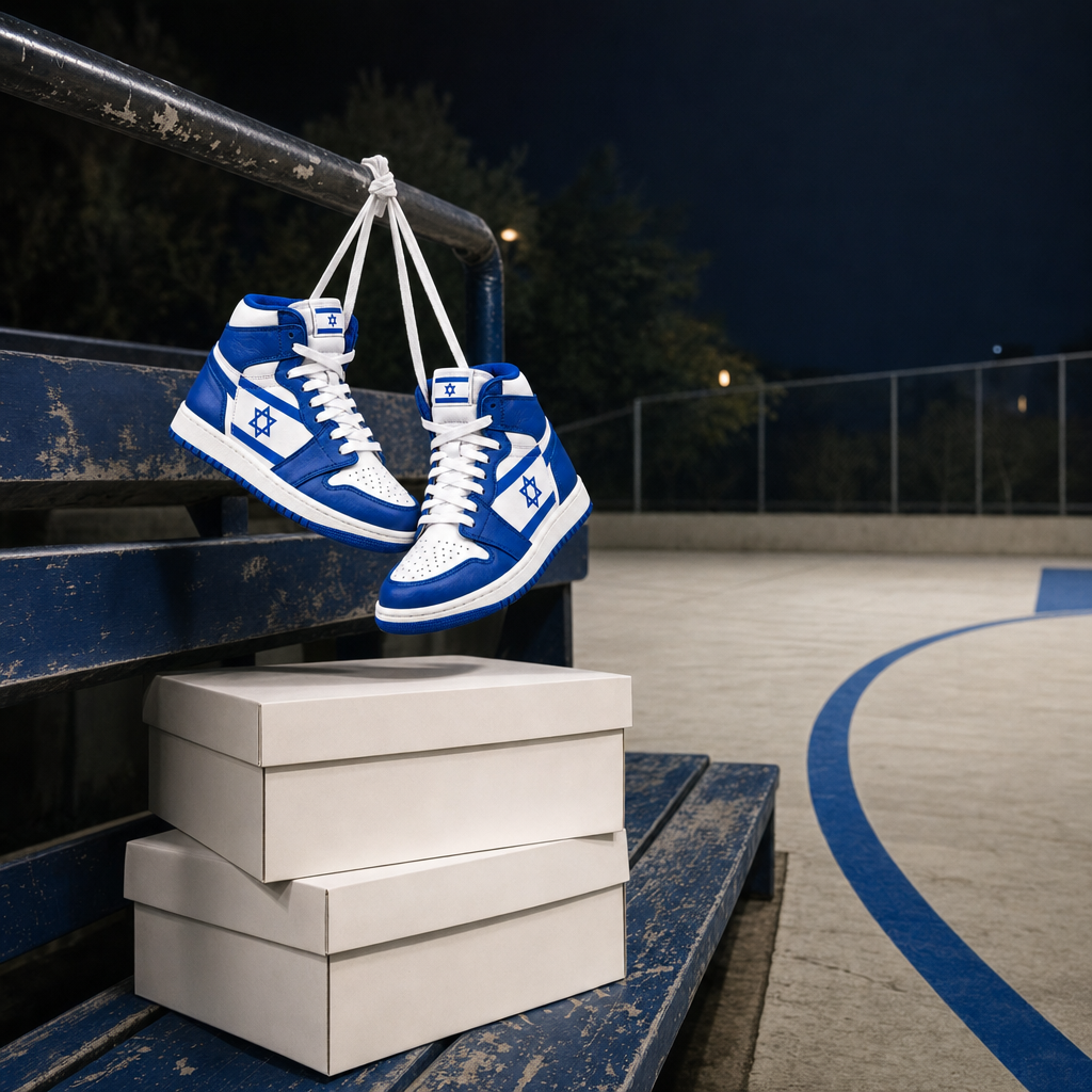 The Shalom Air pair hanging by its laces from a bleacher rail at a night-time outdoor court, two white shoeboxes stacked on the bench below
